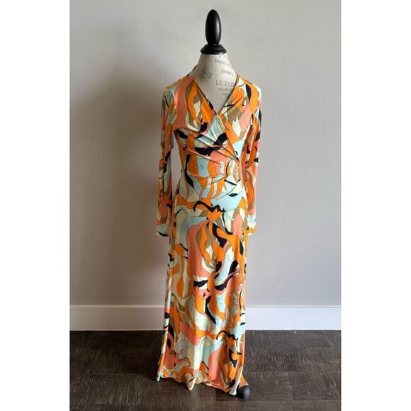 Julian Chang Womens Long Sleeve Abstract Print Wrap Maxi Romper Dress Size S - Picture 1 of 11